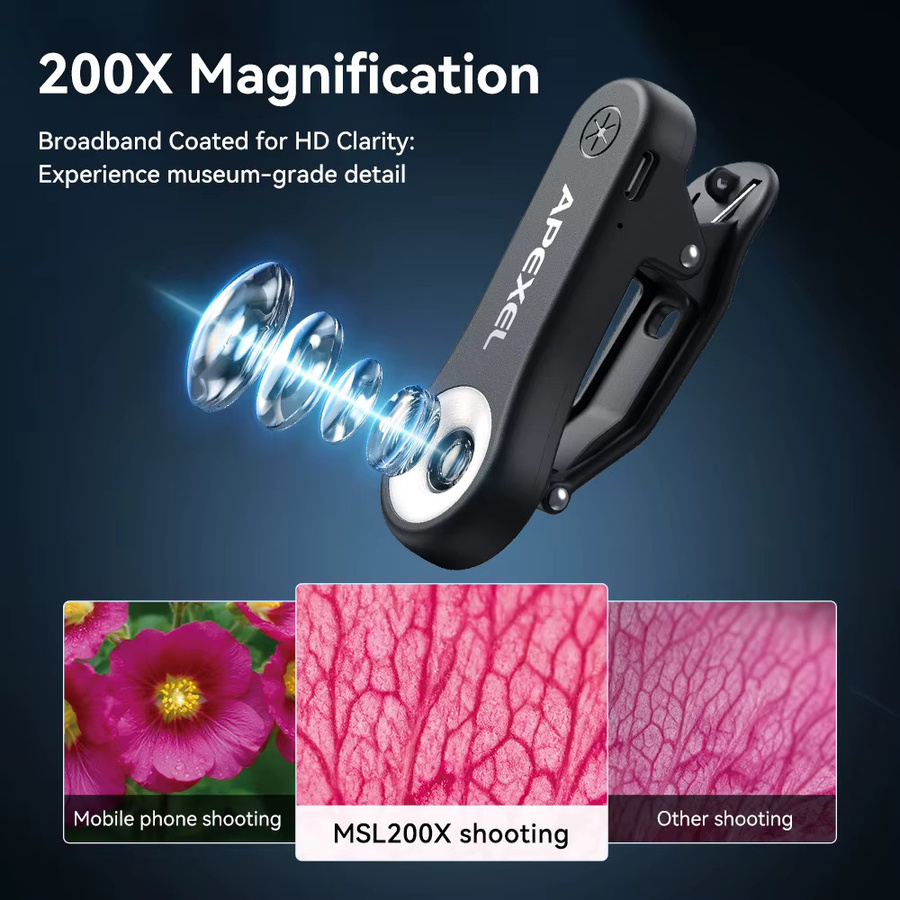 APEXEL 200X Schmuck-Mikroskop-Objektiv Makro-Mikro-Triskop-Linse mit LED-Licht und Universalclip für iPhone und Android-Smartphones in Schwarz - Bild 2