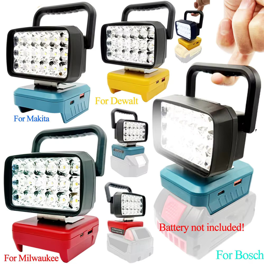 Dawupine USB Power Bank Arbeitslampe als LED-Flutlicht für Makita, Milwaukee, Dewalt und Bosch M18 Akkus, Schwarz - Bild 2