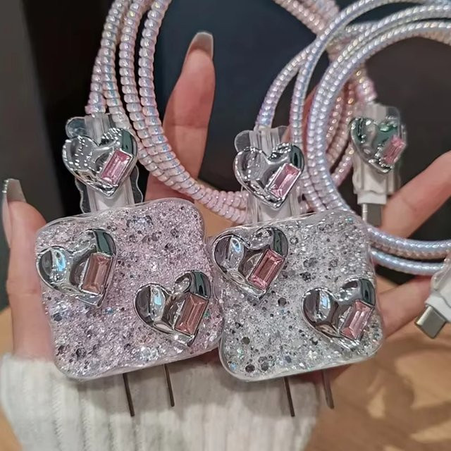 Glitzer Herz Schutzhülle für iPhone 16 Ladekabel und Datenkabel als Kabel-Schutzhülle - Bild 1