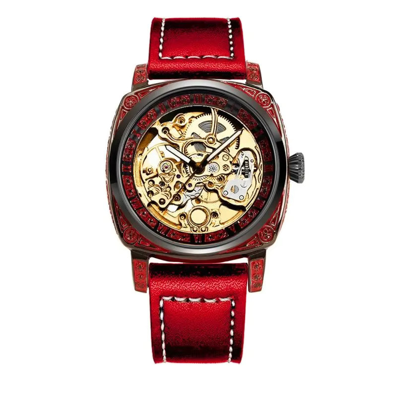 CAROTIF Armbanduhr, mechanisch, goldenes Zifferblatt, Lederarmband, Herren - Bild 6