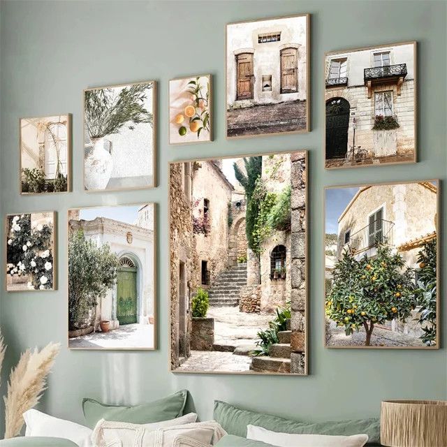 Potdemiel Architektur Poster Puglia Leinwandmalerei mit grünen Blättern und Zimmerpflanzen in Grün - Bild 1