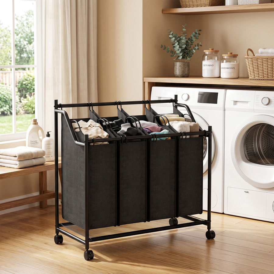 HOMCOM Wäschekorb aus Bambus mit 4 Fächern und Rollen, Schwarz, B/T/H: 86 x 38 x 82 cm - Bild 2