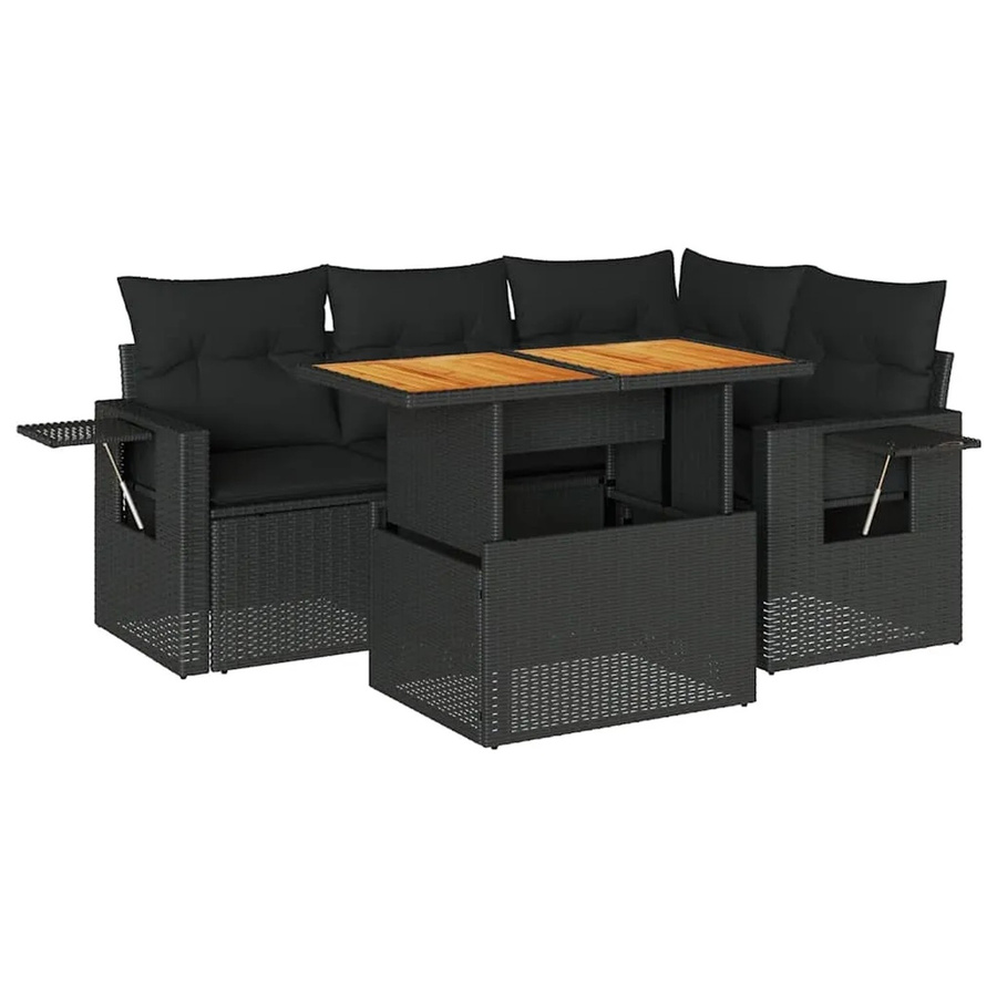 vidaXL 5-tlg Garten-Sofagarnitur in L-Form aus schwarzem Poly-Rattan mit Kissen und Akazienholz - Bild 2