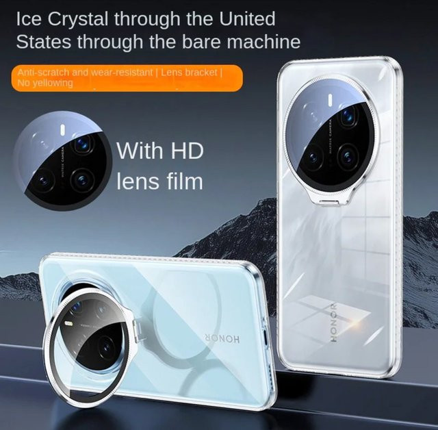 Schutzhülle für Honor Magic7 Pro und Magic7 mit klarem Acryl-Objektiv, gehärtetem Glas und silberner Metallhalterung, transparent - Bild 1