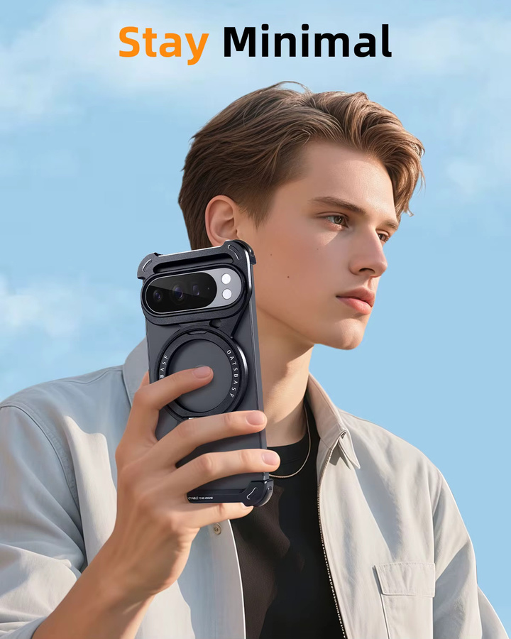 Oatsbasf Magnetische Handyhülle aus Metall für Google Pixel 10 Pro und 10 Pro XL in Schwarz mit 360 Grad drehbarem Ständer und rahmenloser Abdeckung für kabelloses Laden - Bild 5