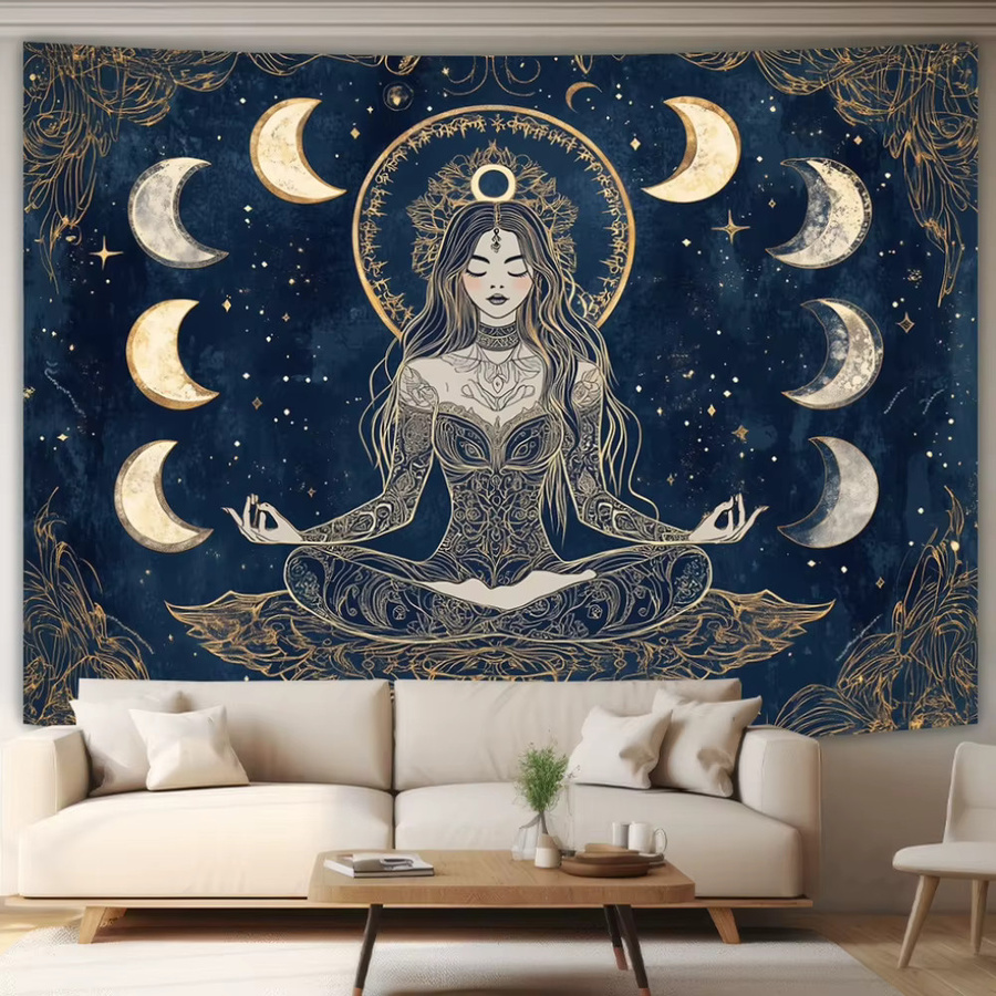 VIKAMA Wandteppich Meditation Mondlicht Fee mit Goldrahmen in Blau und Gold, Böhmische Wandkunst mit Sternenhimmel für dein Wohnzimmer, B/H: 60 x 40 cm - Bild 3