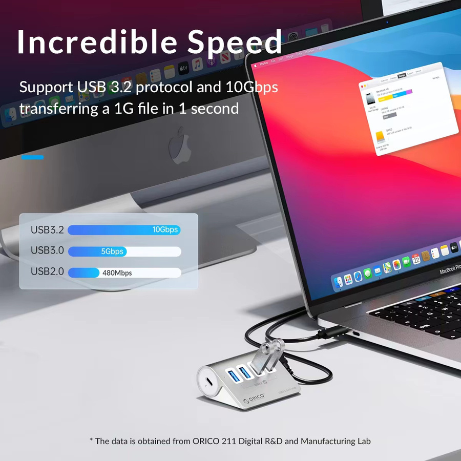 ORICO USB 3.2 Hub Typ C mit 7 Ports und PD 60W Ladestation, 10 Gbit/s Expander in Silber - Bild 2