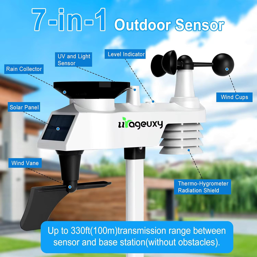 Urageuxy WiFi-Wetterstation mit 8,3-Zoll-Farbdisplay und kabellosem Außensensor in Weiß zur Messung von Regen, Windgeschwindigkeit, Windrichtung, Temperatur und UV-Index - Bild 3