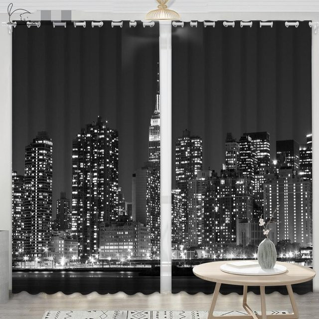 2er-Set New York City Nachtvorhang mit Freiheitsstatue, halbtransparent, Polyester, Farben: Schwarz und Grau, H x B: 185 x 70 cm - Bild 1