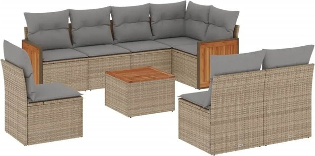 vidaXL 9-tlg. Garten-Sofagarnitur aus Polyrattan in Beige mit Kissen und Couchtisch - Bild 1