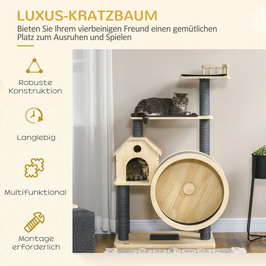 PawHut Kratzbaum aus Natur Kiefer in Braun mit Höhle und integriertem Spielzeug, B/H/T: 80 x 143 x 50 cm - Bild 2