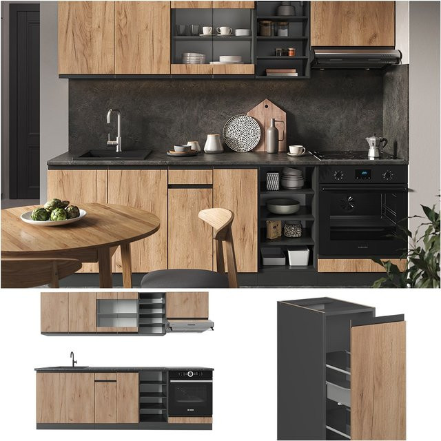 Vicco Küchenzeile R-Line J-Shape in Anthrazit und Eiche, Breite: 240 cm - Bild 1