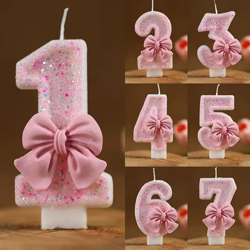 Potdemiel Kuchenkerzen in Form einer rosa Schleife mit Pailletten für deine Geburtstagsdekoration, Farbe: Pink - Bild 2