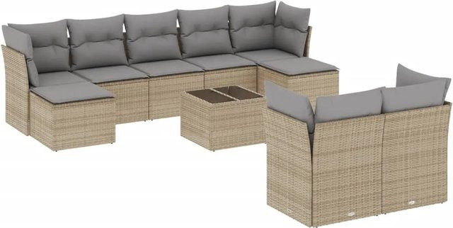 vidaXL 10-tlg. Garten-Sofagarnitur in L-Form aus beige farbenem Poly-Rattan mit wetterfesten Kissen und pulverbeschichtetem Stahlgestell - Bild 1