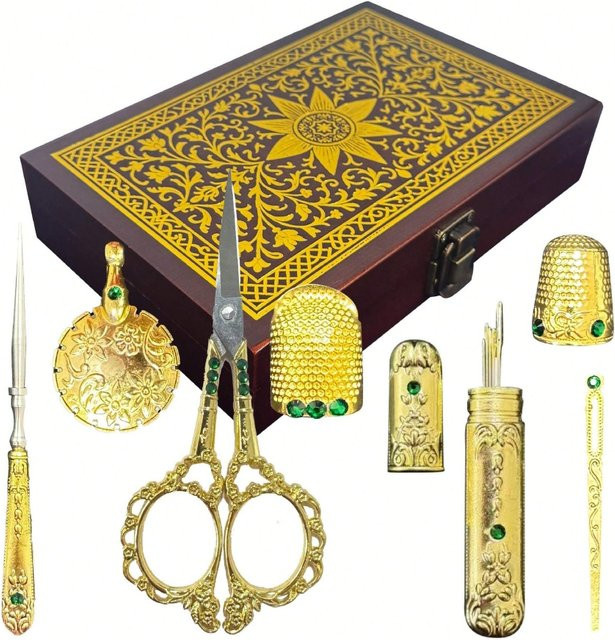 NOTIONSLAND Vintage Nähset im europäischen Stil mit goldener Aufbewahrungsbox für Stickerei-Werkzeuge, Nadeln und Schere - Bild 1