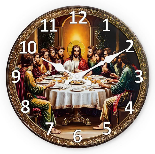 Retro Wanduhr aus Holz Das letzte Abendessen in Mehrfarbig, Stille Quarzuhr für Wohnzimmer und Küche - Bild 1