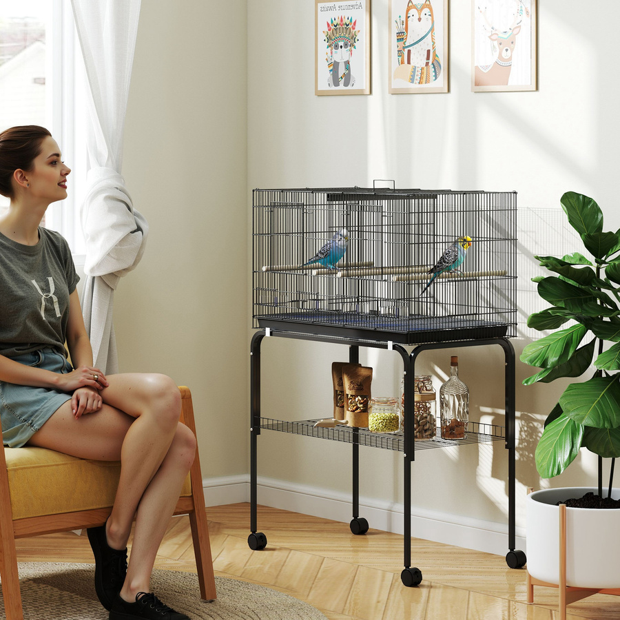 PawHut Vogelkäfig Innenvoliere aus Stahl in Schwarz mit Trennwand, Ständer mit Ablage und Rollen, H x B x T: 116 x 76 x 46 cm - Bild 2