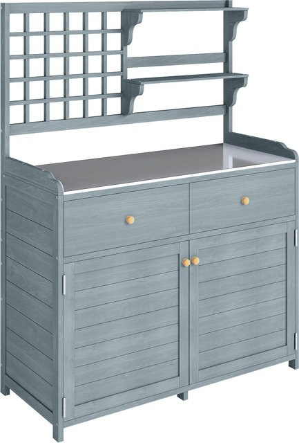 Outsunny Pflanztisch mit Unterschrank aus Holz und verzinkter Arbeitsplatte, wetterfester Gartenschrank mit 2 Schubladen für Garten, Balkon und Terrasse, Farbe: Hellgrau, B/T/H: 104 x 44 x 140 cm - Bild 1