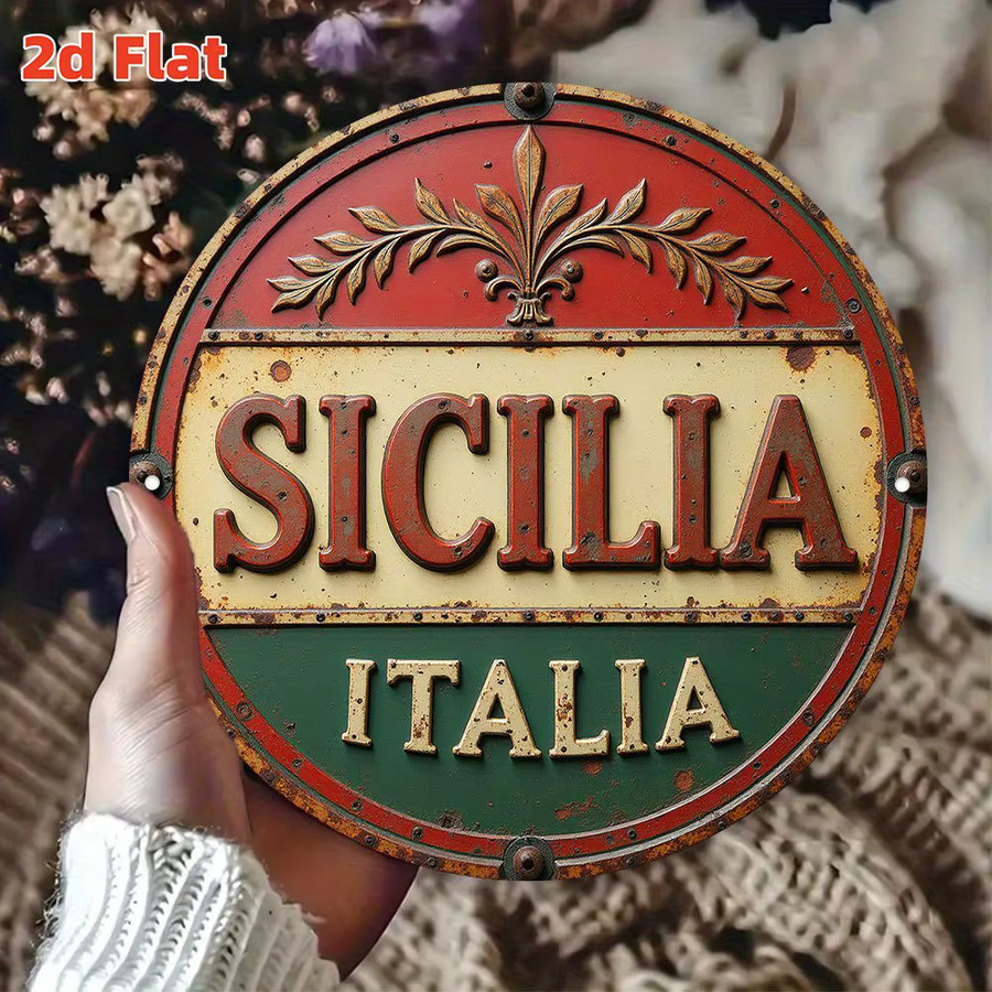 Potdemiel Vintage-Wandkunst aus Metall Sicilia Italia – 2D-Flachschild aus Aluminium in Rot zur Wandmontage - Bild 4