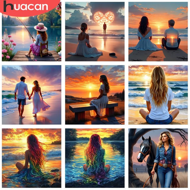 HUACAN Diamant-Mosaik-Set Porträt einer Frau am Meer bei Sonnenuntergang, Wanddekoration in Multicolour, B/H: 20 x 20 cm - Bild 1