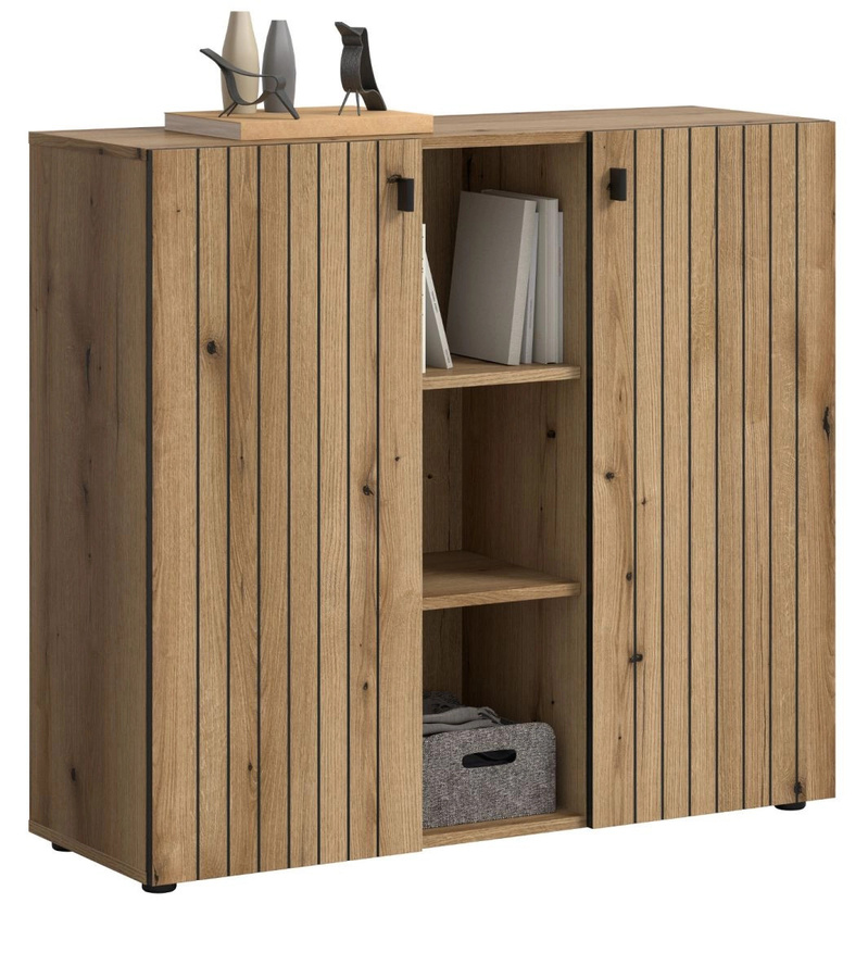 Flurkommode Loreno in Eiche, modern mit Türen und offenen Regalen, B/T/H: 106 x 37 x 96 cm - Bild 3