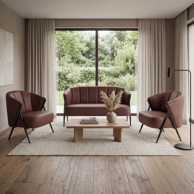 MCW Wohnzimmer-Set P30 im Vintage Retro Industrial Design mit 2er-Sofa und 2 Sesseln aus Kunstleder und Metall in Rostrot - Bild 1