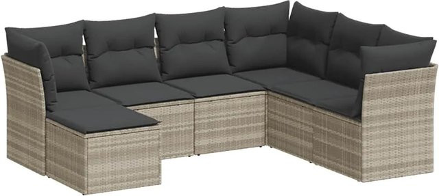 vidaXL 7-tlg. Garten-Sofagarnitur in L-Form mit Kissen und Ottoman, Hellgrau, Poly-Rattan und Metallrahmen - Bild 1