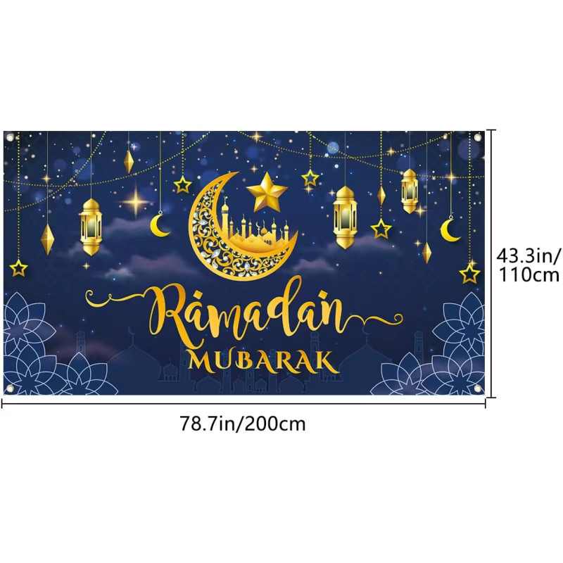 VIKAMA Ramadan Kareem Banner Blau mit Mond-Motiv als orientalische Dekoration und Fotokulisse - Bild 2