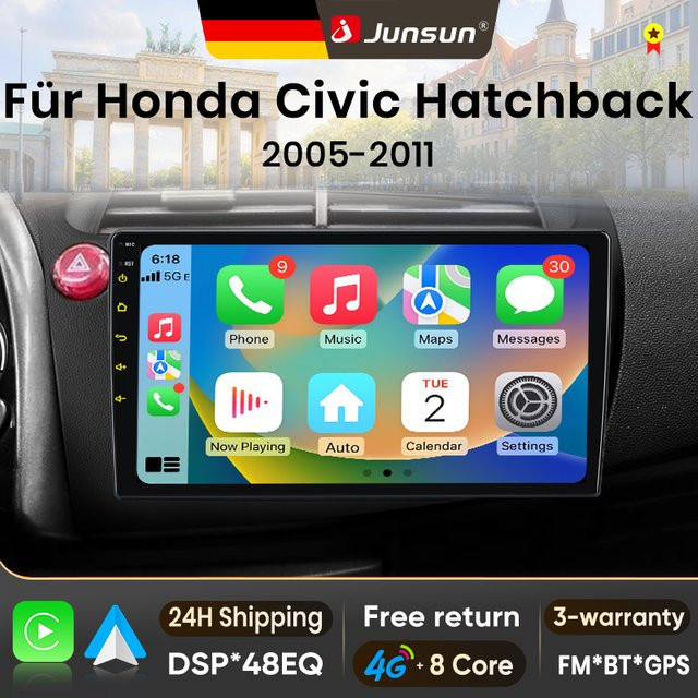 Junsun Android 15 Autoradio für Honda Civic Hatchback 2005-2011 mit 9 Zoll IPS-Bildschirm, kabelloses Apple CarPlay, Stereo-Multimedia-Videoplayer in Schwarz - Bild 1