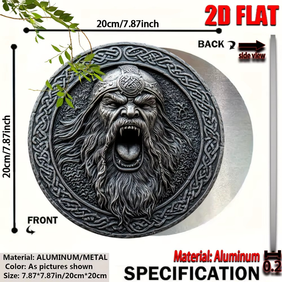 Potdemiel Wikinger-Krieger Dekorationsschild aus Metall, rundes Aluminium-Wandschild mit Porträt-Motiv, Durchmesser: 20 cm - Bild 2