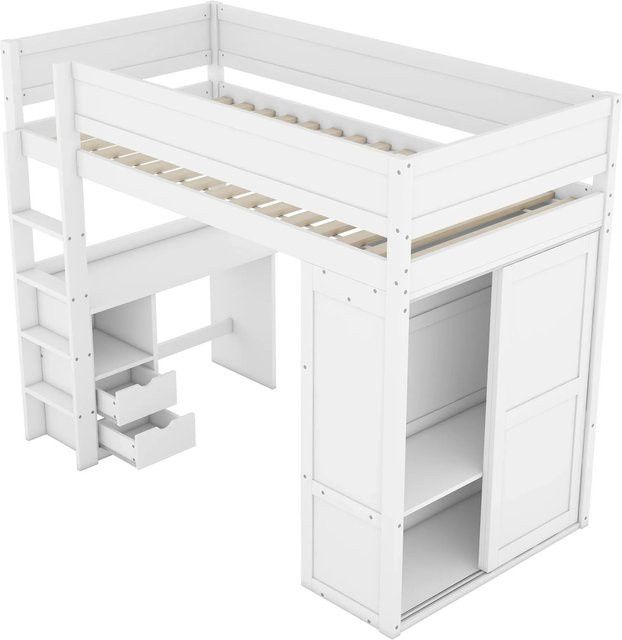 okwish Hochbett für Kinder in Weiß mit Kleiderschrank, Schreibtisch und Schubladen aus Kiefernholz und MDF, B/T/H: 200 x 90 x 175 cm - Bild 1