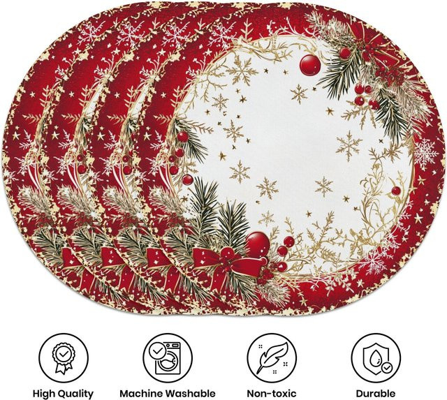VIKAMA 4-teiliges Weihnachts-Tischset mit Kiefernzweig in Rot und Gold für deine Tischdekoration - Bild 1