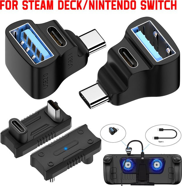 Jaysuing 180-Grad-Winkel USB-C Adapter in Schwarz für Steam Deck 1 und 2 sowie ASUS Rog Ally mit 20 Gbit/s, 8K 60 Hz und PD 140 W Unterstützung - Bild 1