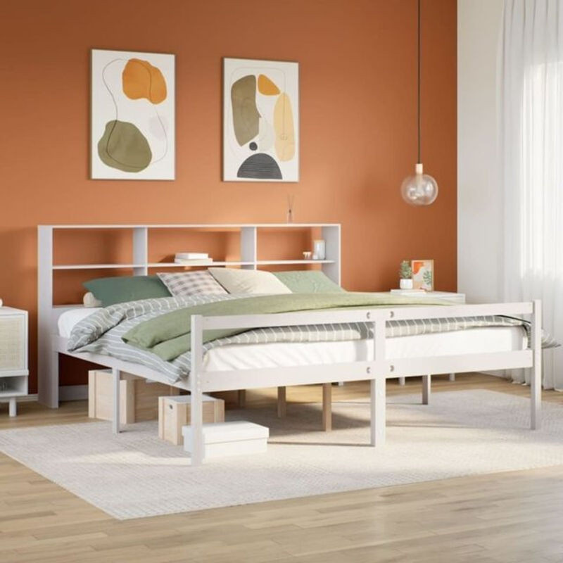 Massivholzbett Vidaxl aus Kiefer mit Regal in Weiß, B/T/H: 180 x 200 x 110 cm - Bild 1