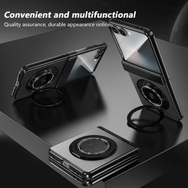 Magnetische Scharnierhülle mit 360 Grad drehbarer Ringhalterung und Schutzfolie für Samsung Galaxy Z Flip 7, FE 6, 5, 4, 3 in Blau oder Schwarz - Bild 1