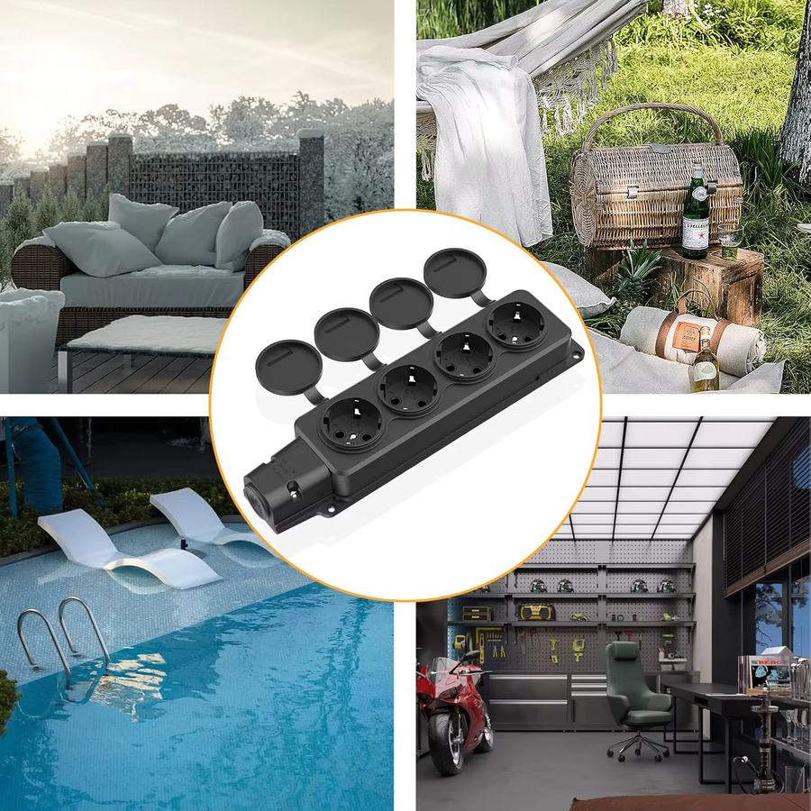 CILIA 3/4-Wege Outdoor Steckdose mit Regenschutzabdeckung, wasserdichte kabellose Erweiterungssteckdose IP54, 16A 3500W, Schwarz - Bild 3