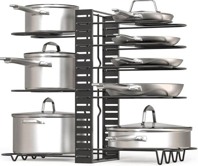 Aimo Mehrschichtiges Topfregal aus schwarzem Metall mit Anti-Rutsch-Funktion für Töpfe, Deckel und Schneidebretter - Bild 1