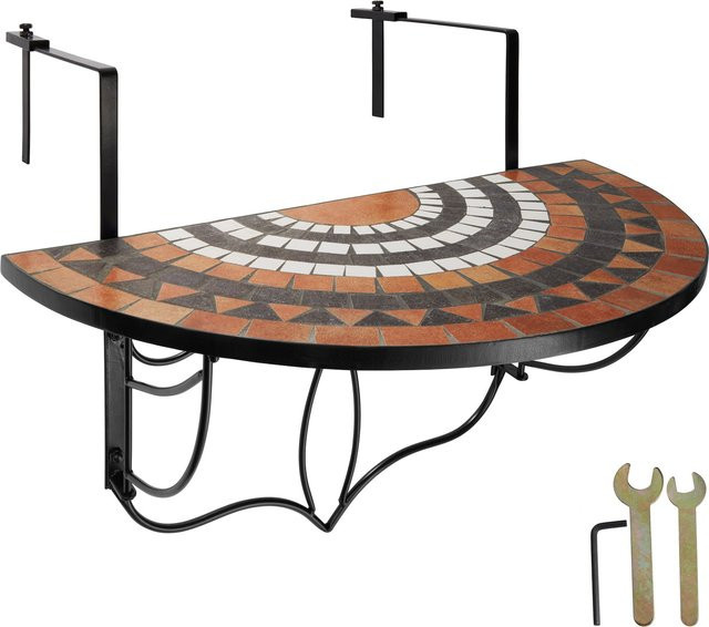 tectake Balkontisch halbkreisförmig aus Stahl mit Mosaikmuster und Zement in Weiß und Multicolour B/T/H: 75 x 65 x 62 cm - Bild 1