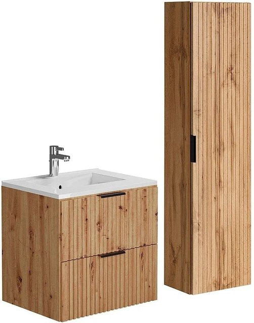 Vente-unique Badmöbel-Set Zevara in Naturfarben Hell mit Waschbeckenunterschrank, Einbauwaschbecken und Badhochschrank in Streifenoptik, Breite: 60 cm - Bild 1
