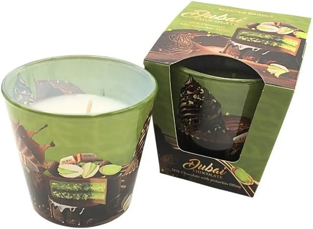 Dekohelden24 2er Set Duftkerzen Schokoladenkerzen mit Dubai Schokoladen Aroma, Brenndauer 60h, B/T/H: 9 x 9 x 8 cm pro Kerze - Bild 1