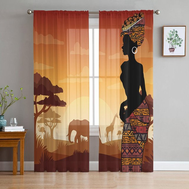 Transparente Tüll Vorhänge mit Afrika Motiv Silhouette Frau Giraffe und Elefant in Schwarz, Breite: 135 cm, Höhe: 115 cm - Bild 1