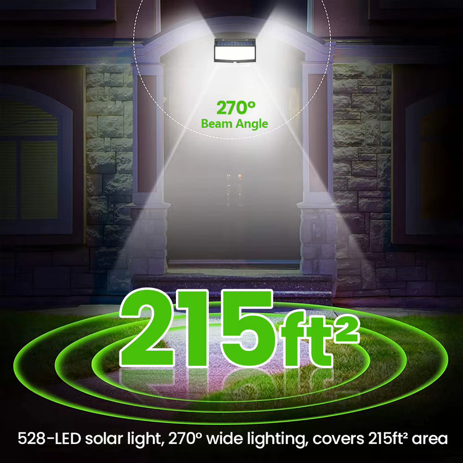 Solarbetriebene LED Außenleuchten mit 528 LEDs und Bewegungsmelder, wasserdichte Solar-Flutlicht-Wandleuchten für Garten, Terrasse und Hof, Schwarz - Bild 4
