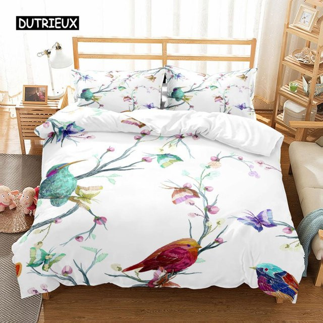 Binchi Outdoor Product Bettwäsche-Set mit tropischen Vögeln und Kolibris im Aquarell-Design, Weiß/Mehrfarbig, 3-teilig aus Polyester, B/H: 140 x 200 cm - Bild 1