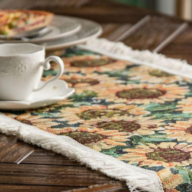 mfySpace Jute Tischläufer Jacquard mit Sonnenblumenmuster und Quasten in Gelb und Weiß, B/H: 30 x 120 cm - Bild 1