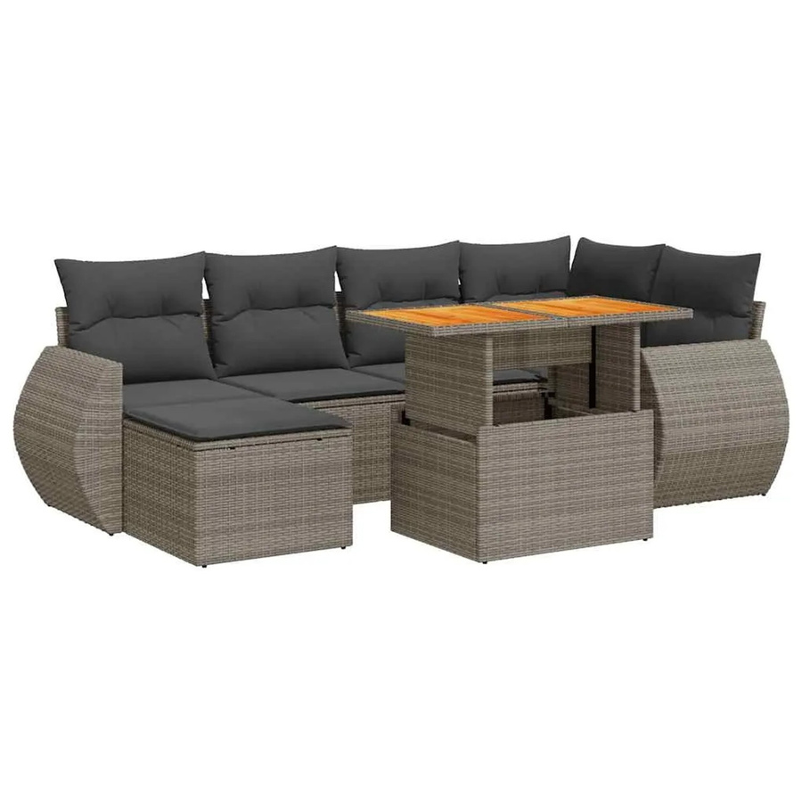 vidaXL 7-teilige Garten-Sofagarnitur aus Poly-Rattan und Akazienholz in Grau mit Kissen - Bild 2