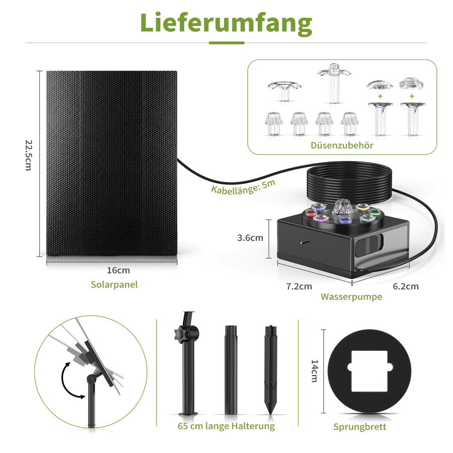 Forever Speed Solarbrunnen für den Außenbereich mit Akku und LED in Schwarz, Solar Springbrunnen für Garten, Teich und Vogelbad mit 8W und 100L/H Wassersprühhöhe - Bild 7