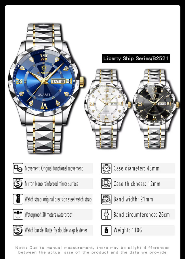 BINBOND Armbanduhr Quarz, Edelstahl, Blau, Gold, Datum, Unisex - Bild 3