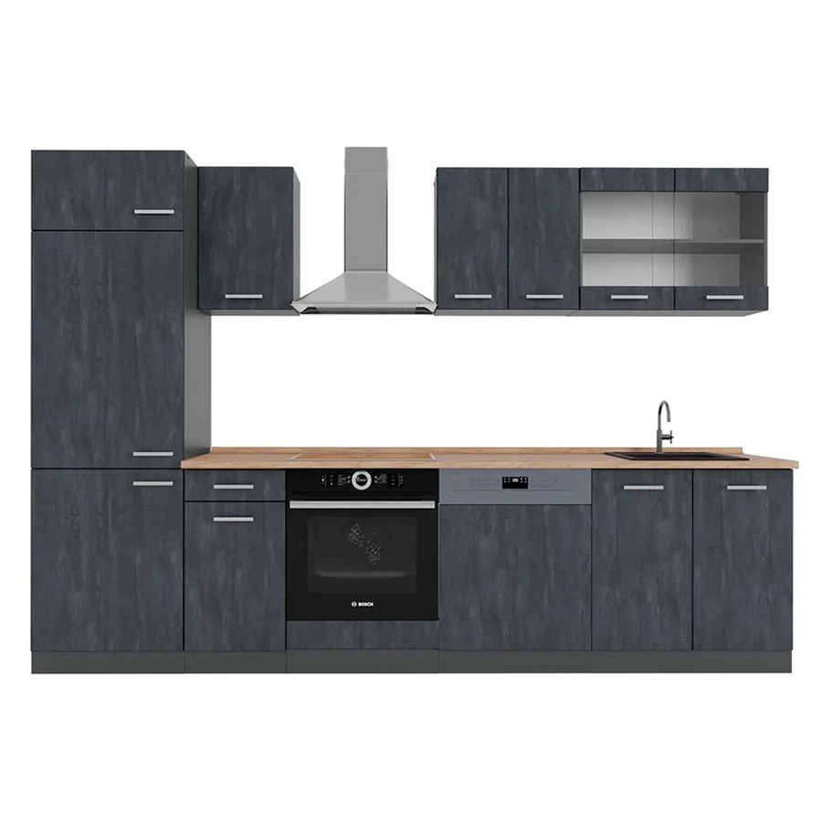 Vicco R-Line Küchenzeile modern in Schwarz Beton und Anthrazit mit Arbeitsplatte in Eiche, Breite: 300 cm - Bild 2