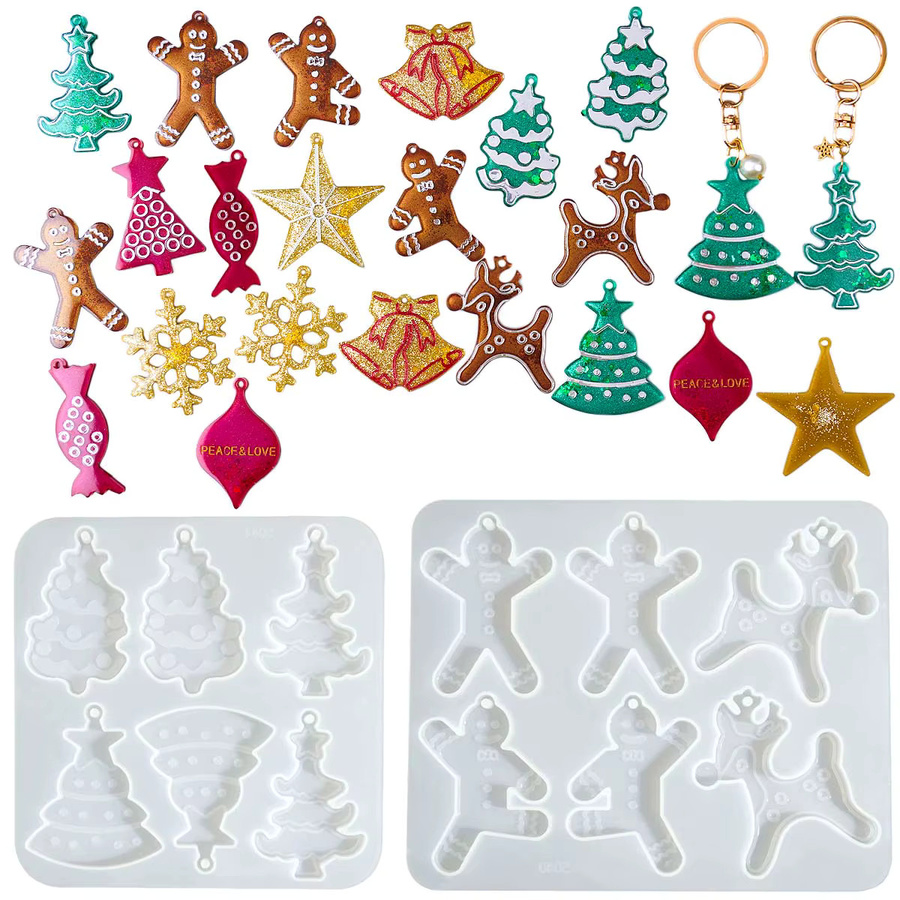 UDOCOOL Silikonformen für Weihnachtsornamente und DIY-Schmuck mit Motiven wie Lebkuchenmann, Elch und Schneeflocke in Multicolour - Bild 2