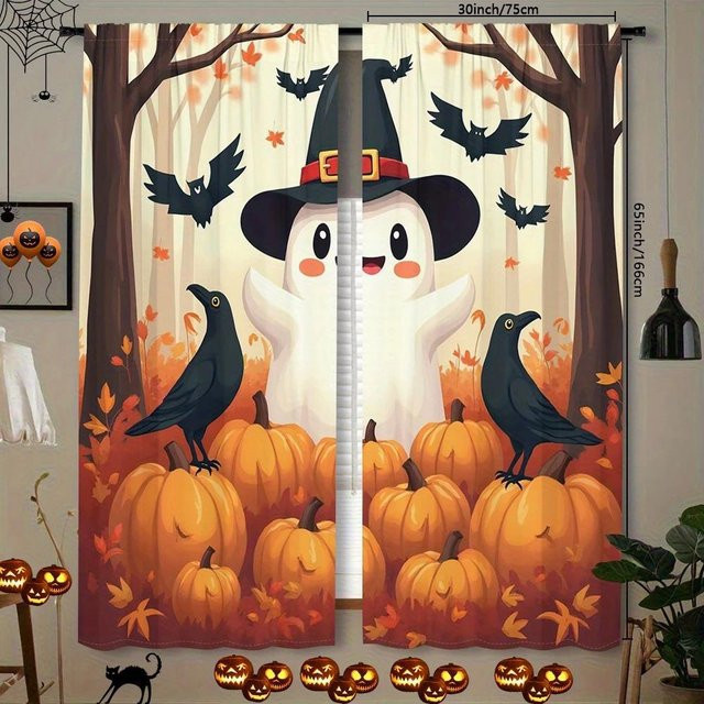 2er-Set Yiran Furniture Halloween Vorhänge mit Geist- und Kürbisprint, Weiß, B: 35 cm, H: 100 cm - Bild 1